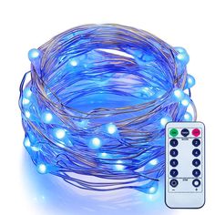 blue led lights with remote control on white background