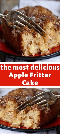 the most delicious apple fritter cake is ready to be eaten with a fork