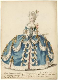 Figure de mode : Dame en robe de cour avec panier, garnie en hermine mouchetée - by Saint-Aubin 1785 18th Century French Fashion, 1780s Fashion, 1700 Fashion, 18th Century Dress, History Fashion, Blue And White Dress