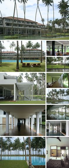 several photographs of the inside and outside of a building with palm trees in front of it