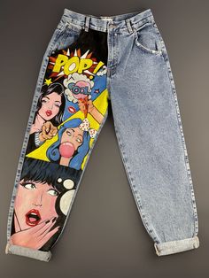 Hand painted pop art high waist basic slouchy jeans DON'T WORRY ABOUT SIZING, WE WILL CONTACT YOU TO GET YOUR ACCURATE SIZE ! * Customise design: Welcome to the Sui Generis world where you can customise your denim trouser and change this simple-yet-stylish staple into a must-have item. While our designs are already super stylish, we recognise that sometimes you just want to make something your own. Which is why we offer you the opportunity to customise your own unique design, all you need to do is sending your design (using below link) or trouser and leave the rest to our talented artist! https://form.jotform.com/221317673660051 * Paint quality: We use high quality fabric paints and it consists of two primary layers, the paint is applied on second layer and fix it to ensure colour won't wa Painted Disney Jeans, Outfit Designs Art, Trendy Graphic Print Relaxed Fit Pants, Baggy Trendy Jeans With Graphic Print, Baggy Straight Leg Jeans With Graphic Print, Baggy Graphic Print Denim Jeans, Retro Jeans With Graphic Print For Spring, Baggy Denim Jeans With Graphic Print, Artistic Graphic Print Bottoms For Streetwear