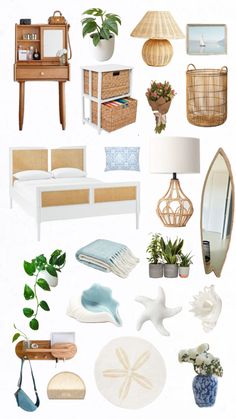 a collage of various objects including a bed, table and mirror with plants in them