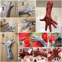 the steps to make a zombie hand out of plastic wrapper and paint on it