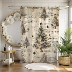 a bathroom with a christmas tree shower curtain