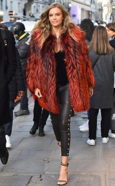 Josephine Skriver from The Big Picture: Today's Hot Pics  The Victoria's Secret model keeps warm in a red fur jacket in Paris. Red Fur, Josephine Skriver, Pant Trends, Women Street, Victoria Secrets, Fur Coats, Fur Fashion