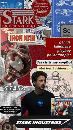 a collage of various images with the words stark industries on them and an image of iron man