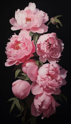 pink peonies with green leaves on a black background, still life in full bloom