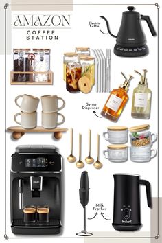 an assortment of kitchen items including coffee maker, mugs and utensils