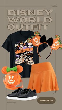 an orange skirt, black shirt and mickey mouse head is featured in this ad for disney world