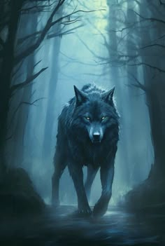 a wolf is walking through the woods in front of some trees with yellow glowing eyes