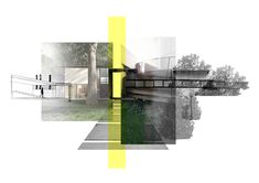 an abstract image of a house with yellow and green lines on the outside, in front of a white background