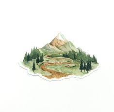 a watercolor drawing of a mountain with a road going through it