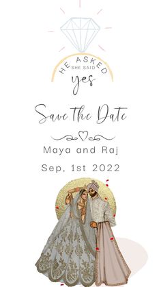 save the date card with an illustration of two people in wedding dresses and veils