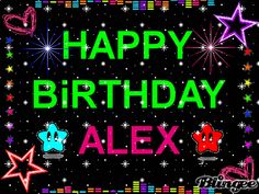 happy birthday alex with stars and neons on the black background by corbi