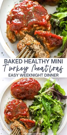 baked healthy mini turkey meatloafs with ketchup on top and salad in the background