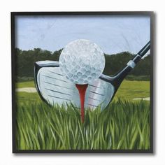 a painting of a golf ball and tee in the grass