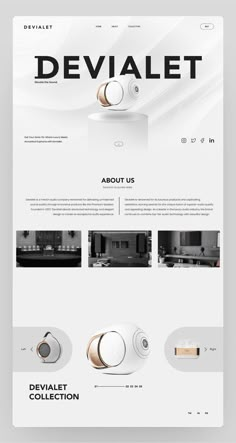 the website design for devialet is shown in white and black colors, with gold accents