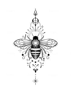 a black and white drawing of a bee with ornate designs on it's wings