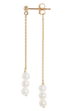 A jacketed design multiples the tactile fluidity of these swingy chain earrings anchored by lustrous clusters of cultured pearls. 1 1/2" drop Post back Cultured-pearl size: 3.5–4mm 14k gold/cultured pearl Made in Canada Asian Owned/Founded Gold Pearl Drop Cluster Earrings, Adjustable 14k Gold-filled Jewelry With Pearl Drop, Gold 14k Gold-filled Pearl Chain Earrings, Luxury Gold-plated Pearl Chain Earrings, Adjustable 14k Gold-filled Pearl Drop Earrings, Ear Jacket, Pearl Size, Chain Earrings, Pearl Drop Earrings