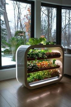 an indoor garden is displayed in front of large windows, with plants growing inside the planter