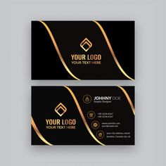 two black and gold business cards with golden lines on the front, side and back