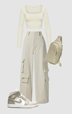 beige outfit idea | cream outfit idea | outfit inspiration | basic casual outfits | sporty outfit idea | beige cargo pants cropped white top nike bag Basic Casual Outfits, Stylist Moodboard, Cream Pants Outfit, Casual Outfits Sporty, Bandana Cap, Cream Outfit, Outfits Con Jeans, Cargo Pants Outfit, Beige Outfit