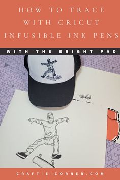 the top of the image is a black and white hat with an image of a man doing a trick on a skateboard. underneath the hat is the drawing of the same man doing a trick drawn by a child.