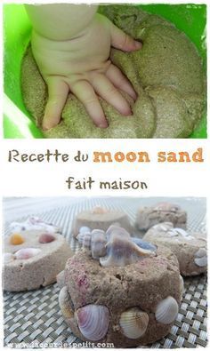 there are two pictures with sand and shells in them, one has a baby's hand on it