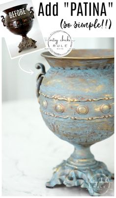 a blue vase sitting on top of a table next to a white wall with the words ad patina so simple