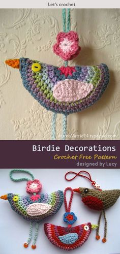 three crocheted birds hanging from strings on a white surface with text that reads, bird decorations crochet free pattern designed by lily