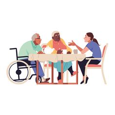 three people sitting at a table talking to each other, one in a wheel chair