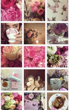 a collage of photos with pink flowers and teacups on the top right