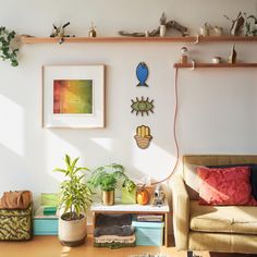 a living room filled with lots of furniture and plants on top of the shelves in front of them