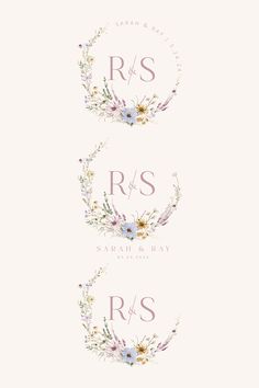 two floral monograms with the letter r and s on them, both in purple