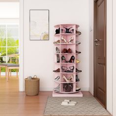 there is a pink shoe rack in the room