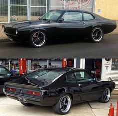 two different pictures of the same car in front of a gas station, one is black and the other is red