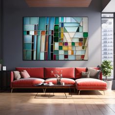 a living room scene with focus on the couch and large art piece hanging above it