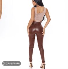 Brand New With Tag, Faux Leather Pants In Cognac. Trendy High Waist Faux Leather Bottoms, Trendy High-waisted Faux Leather Bottoms, Stretch Faux Leather Brown Bottoms, Chic High Rise Brown Bottoms, Stretch Brown Faux Leather Bottoms, Trendy Faux Leather Pants For Date Night, Trendy High-rise Faux Leather Bottoms, Chic Brown Bottoms For Going Out, Brown Fitted Bottoms For Going Out