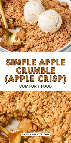 an apple crumbler crisp is served in a bowl with ice cream on top