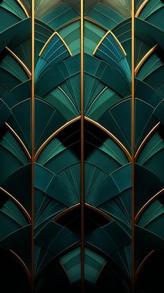 an art deco wallpaper design with gold and green accents on the walls, in shades of teal