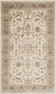 a beige and black rug with an ornate design on the bottom, in front of a white background