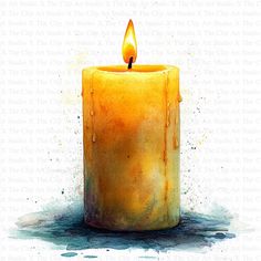 a watercolor painting of a yellow candle with a lit candle on it's side