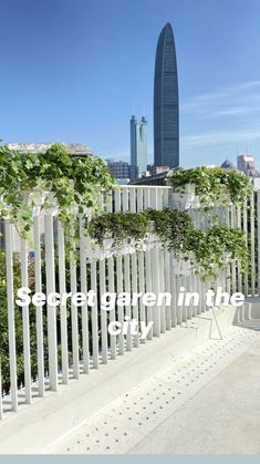 a white fence with green plants growing on it and a tall building in the background