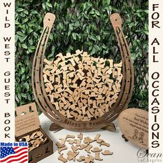 a wooden basket filled with lots of cut up wood pieces next to some other items