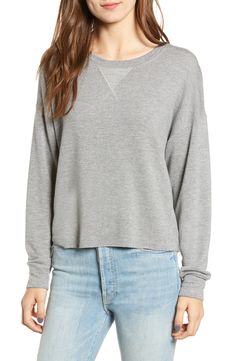 A versatile staple, this sporty pullover is made in a luxe blend of supersoft fibers and has a heathered finish that goes with everything. Crewneck Long sleeves 62% rayon, 30% cotton, 5% spandex, 3% polyester Machine wash, tumble dry Imported t.b.d. Comfy Everyday Knit Tops, Comfy Knit Tops For Everyday, Comfy Knit Tops For Layering, Sporty Soft Texture Sweatshirt For Fall, Sporty Soft Texture Tops For Fall, Sporty Soft Sweatshirt For Fall, Sporty Sweatshirt With Soft Texture For Fall, Sporty Long Sleeve Tops With Soft Texture, Relaxed Fit Comfy Knit Top