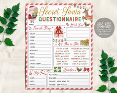 a printable christmas question sheet with holly leaves and green leaves on the table next to it