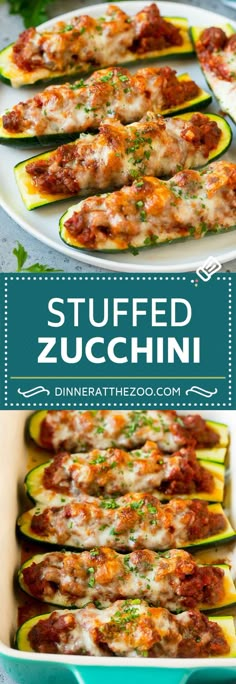 stuffed zucchini with meat and cheese in a blue casserole dish on a white plate