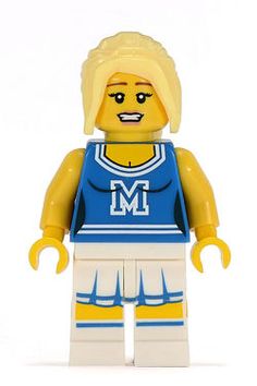 a lego figure wearing a blue and white uniform