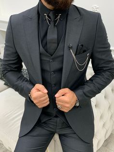 Black Three-piece Suit For Groom With Notch Lapel, Black Three-piece Suit With Notch Lapel For Groom, Black Three-piece Suit With Notch Lapel For Wedding, Black Single Breasted Blazer For Wedding, Black Single-breasted Blazer For Wedding, Black Three-piece Suit With Collar For Groom, Black Three-piece Suit For Groom, Black Single Button Wedding Blazer, Groom's Black Single Breasted Tuxedo