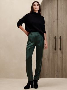 Isa Pleated Italian Satin Pant | Banana Republic Satin Pants Outfit, Side Stripe Trousers, Satin Pant, Juniper Green, Green Dress Pants, Ankle Pants Women, Casual Dress Pants, Business Outfits Women, Fitted Dress Pants